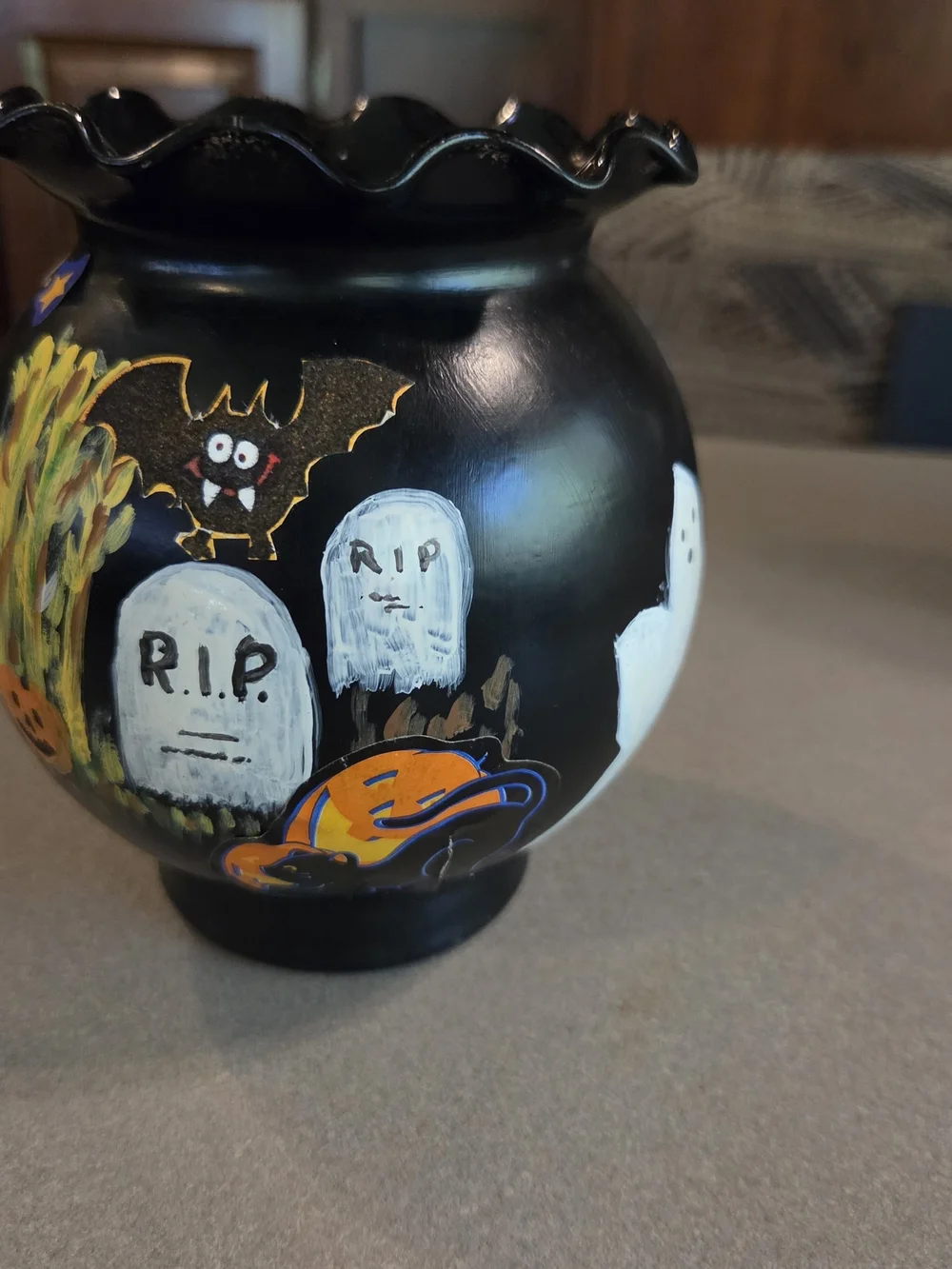 Hand-Painted Halloween Ceramic Vase - Black and Orange Pumpkin Design